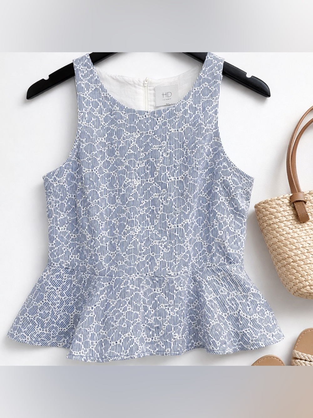 HD in Paris Anthropologie Eyelet Peplum Top Blue White Size 6